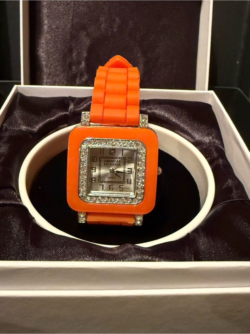 Casual Rubber Square Face Armani Orange Unisex Watch with Crystals - Picture 4 of 9